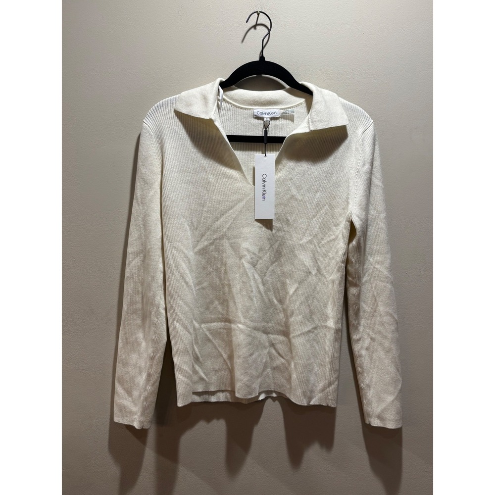 NWT Calvin Klein Womens Cream Ribbed Knit Long Sleeve Collar V Neck Pullover M